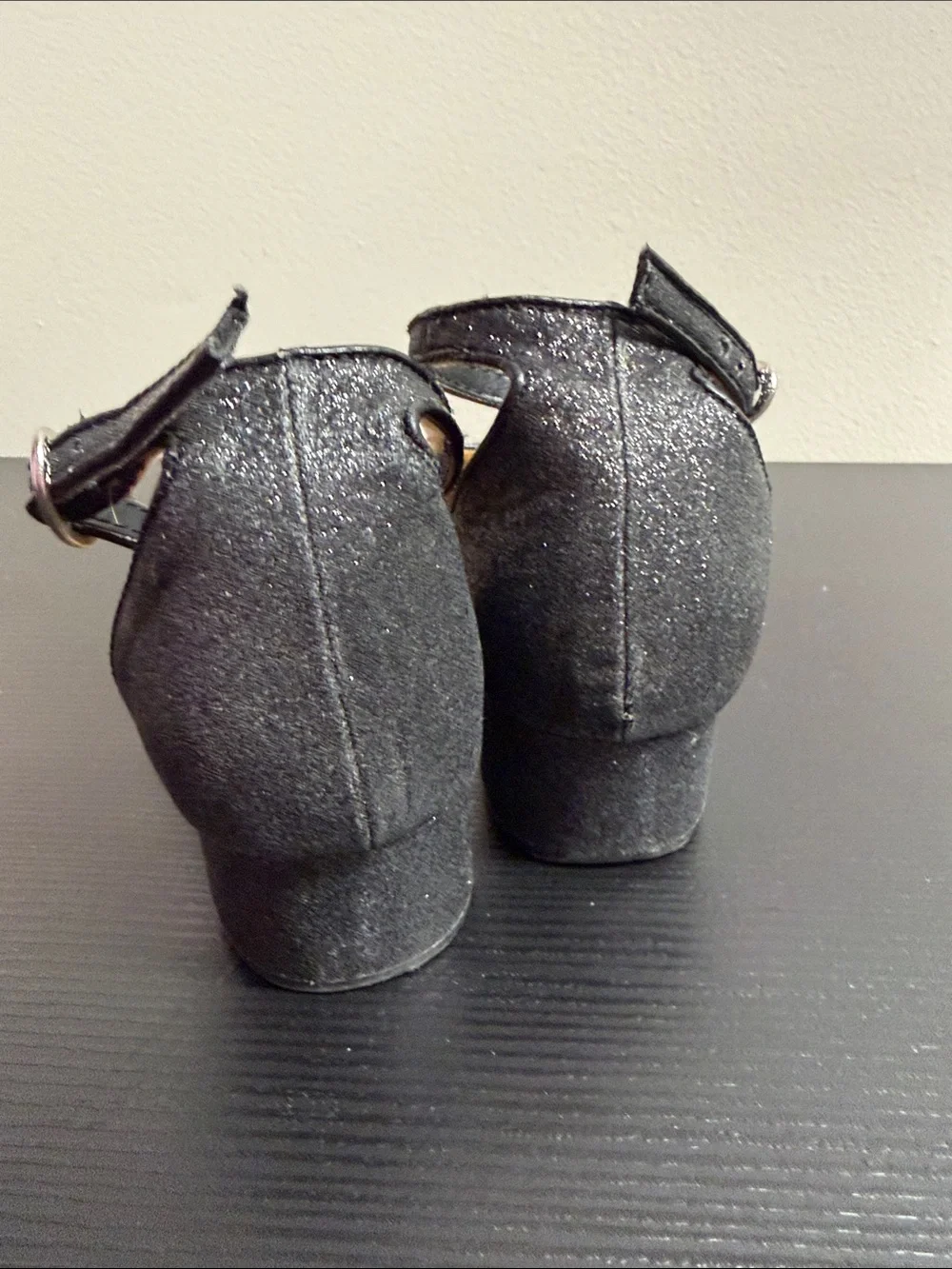 Little Girl Classic Black Glitter Ankle Strap Block Heel Shoes SZ 13